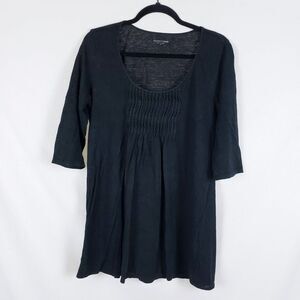 Eileen Fisher Linen Tunic Womens M Black 3/4 Sleeve Pintuck Pleated Scoop Neck